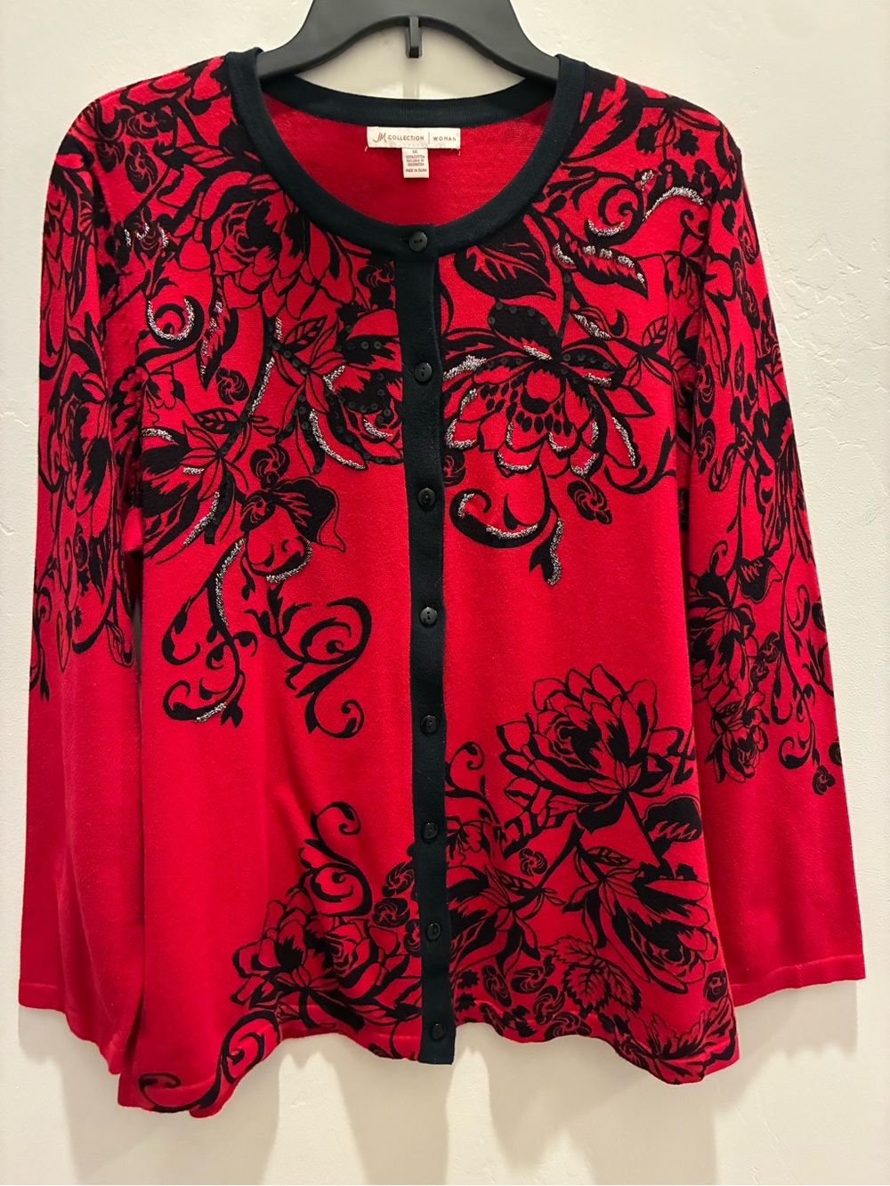 JM Collection Red and Black Floral Button-Front Sweater